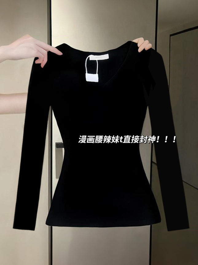 Black Inner Slim-Fitting Bottoming Shirt for Women in Spring and Autum, Long-Sleeved 2025 New V-Neck T-Shirt, Autum and Winter Tops