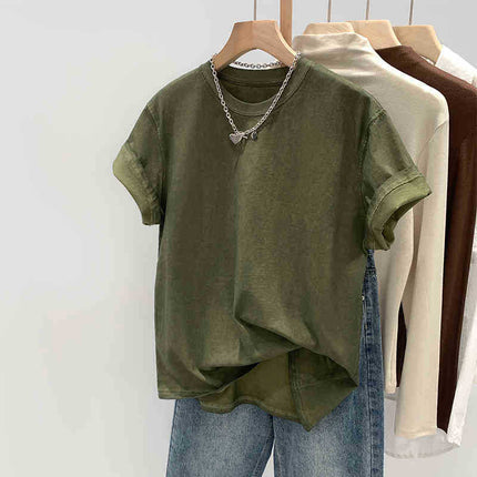 2025 European Explosions Army Green Loose Short-sleeved T-shirt Women's Summer New Niche Design Sense Old Retro Top