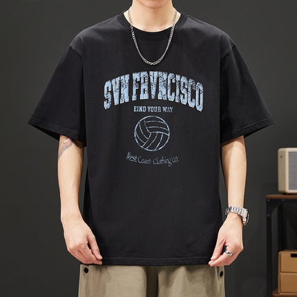 2024 new summer heavy 260g cotton T-shirt men's short sleeve loose printed T-shirt trendy top men's clothing