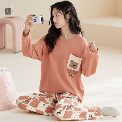 Cute Style Pajamas Women's Spring and Autumn New Cotton Round Neck Long Sleeve Trousers Korean Style Girl's Student Home Clothes suit
