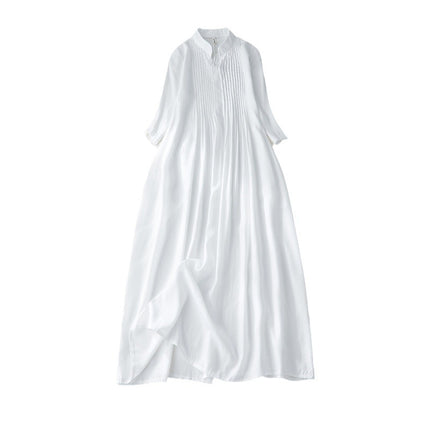 Organ Pleated Solid Color Cotton and Linen Dress for Women, New Autumn Style, Loose Fit, Slimming, Small Stand Collar, Three-Quarter Sleeves, Flowing Long Dress