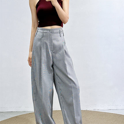 Fan-Favorite: New Spring/Summer Houndstooth Pants for Women, High-Waisted Wide-Leg Pants, Straight Loose Fit, Slimming Suit Pants