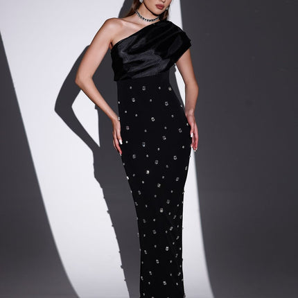 Cross-Border European and American 2025 Spring New Sexy Slanted Shoulder Hot Diamond Gauze Bandage Skirt Celebrity Dinner Dress Dress