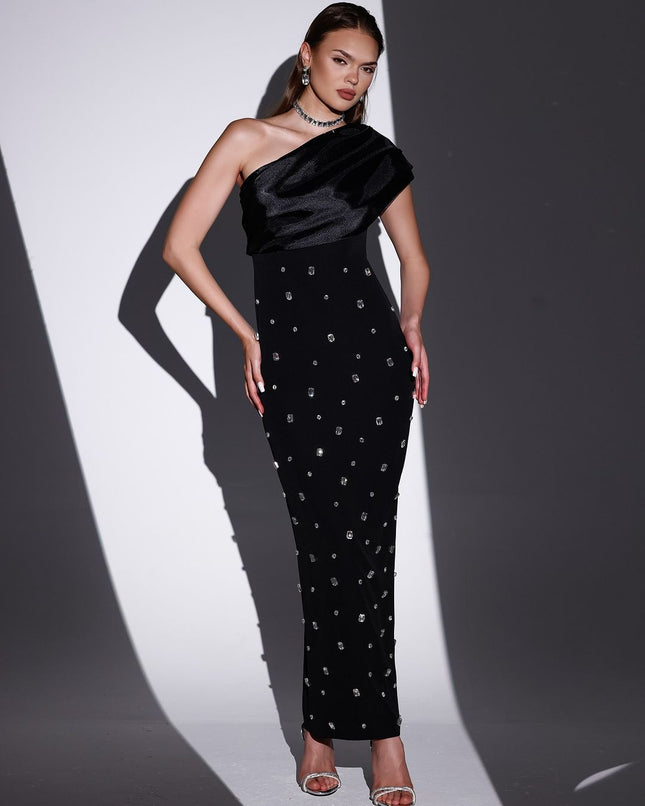 Cross-Border European and American 2025 Spring New Sexy Slanted Shoulder Hot Diamond Gauze Bandage Skirt Celebrity Dinner Dress Dress