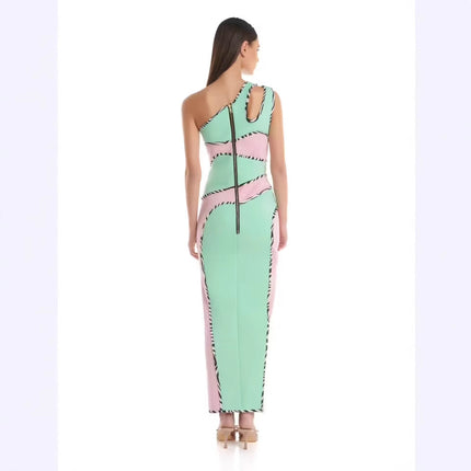 Bandage dress European and American Pink green one-shoulder slit long dress socialite banquet party evening dress