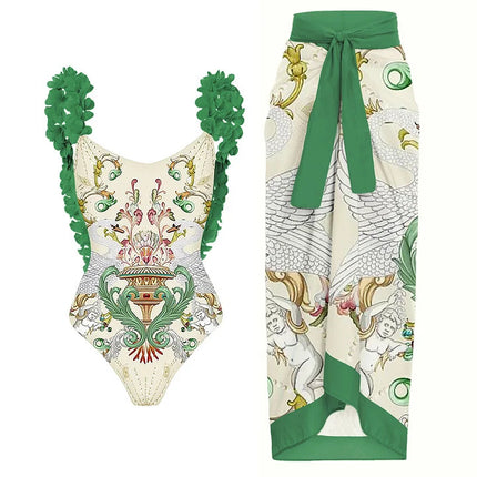 2024 European and American Amazon AliExpress one-piece swimsuit green applique backless sexy swimsuit suit women