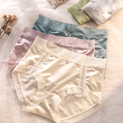 Silk Satin Panties Women's Light Luxury Light Sense Comfortable Traceless Elegant Lace Trim Mid-high Waist Mulberry Silk Crotch Briefs