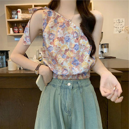 Resort Style Floral Slanted Shoulder Vest for Women Summer 2025 New Style French Chic Sexy Off-Shoulder Strappy Top for Outer Wear