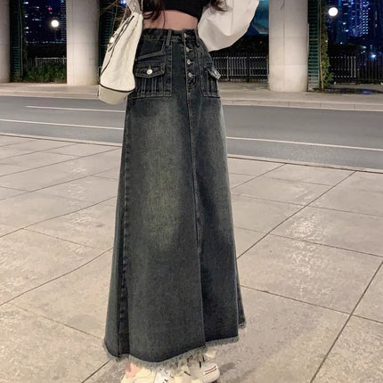 Blue Grey Denim Skirt Women's Trendy All-match New High Waist Slimming Vintage A- Line Mid-length Fishtail Skirt
