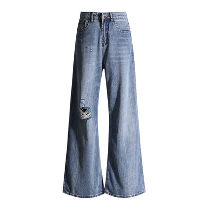 American Style Ripped Bootcut Jeans for Women 2025 Summer New Loose High-Waisted Slimming Non-Stick Leg Flared Pants