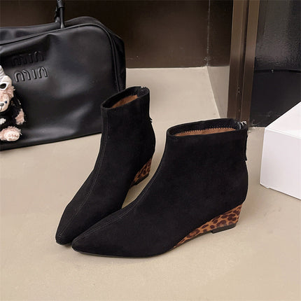 Sheepskin Leopard Print Wedge Short Boots for Women 2025 Autum New Retro Style High Heel Rear Zipper Slim Boots for Women