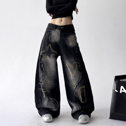 American Retro Raw Edge Embroidered Washed Scimitar Jeans Autumn Men's and Women's Street Loose Wide-Leg Floor-Length Pants