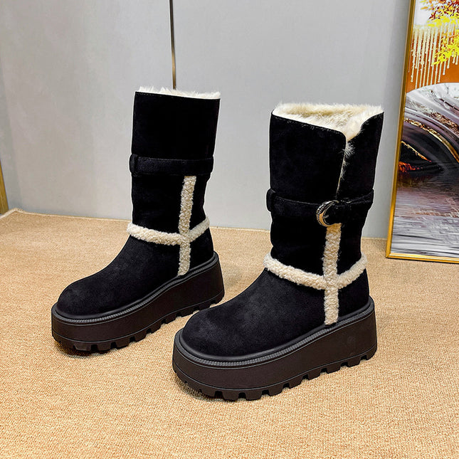 Fur Integrated Snow Boots for Women 2025 New Belt Buckle Thick Heel Thick Sole Fashion Mid-Calf Boots Foldable Two-Wear Women's Boots