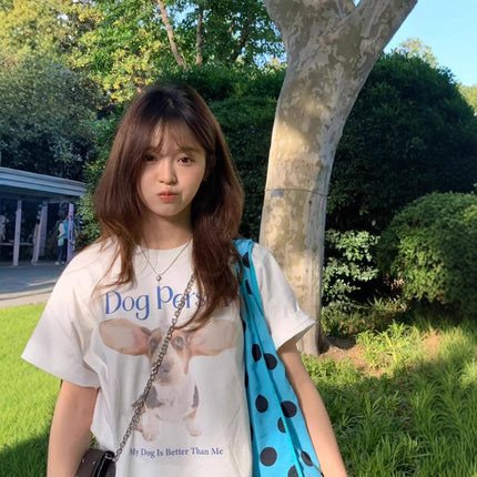 Korean Style Lazy and Cute Dog Print T-Shirt Short-Sleeved Women's 2025 Summer White Niche Round Neck Loose Top