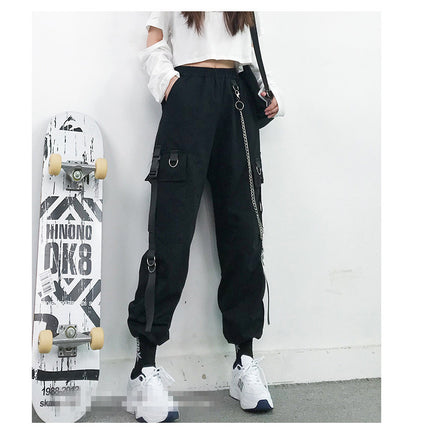 Chain fleece-lined Thickened Tooling Pants Women's Slimming High Waist Handsome Black Pants Women's Loose Straight Korean Style