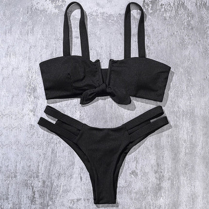 Billion Swimming 2024 Cross-border New Solid Color Bow Low Waist Bikini Women's European and American Sexy Split Swimsuit