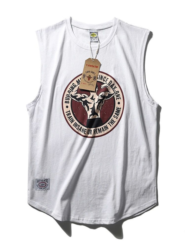 Simple Men's Ami Khaki Printed Crewneck Sports Leisure T Waistcoat Washed Cotton Vintage Garden Swing Side Split Vest