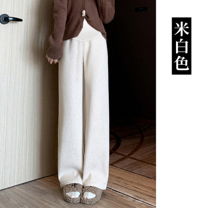Pregnant women's cashmere striped new wide-leg pants chenille autumn and winter drape fleece-lined straight mop pants trousers
