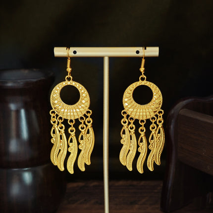 Ethnic Style Peacock Earrings for Women Gold Bell Tassel Earrings Bohemian Leaf Pendant Scenic Spot Earrings Wholesale