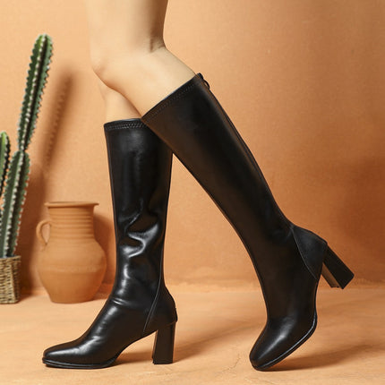 New Autumn and Winter Long Boots for Women, with Chunky Heels, Height-Increasing Square Toe, Stitched Design, European and American Style, Black Women's Boots, Hot-Selling
