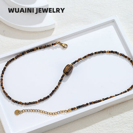 Retro Maillard tiger eye stone beaded necklace women do not fade high sense stacked clavicle chain niche pendant wholesale