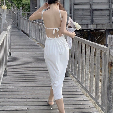 French Backless Elegant Suspender Skirt for Women, Summer Design White Dress with Straps, Slim-Fitting Sexy Long Skirt