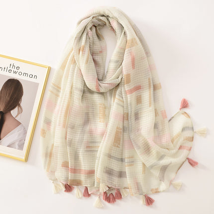 Elegant soft cotton and linen feel silk scarf colorful plaid geometric tassel large scarf travel sunscreen beach towel shawl