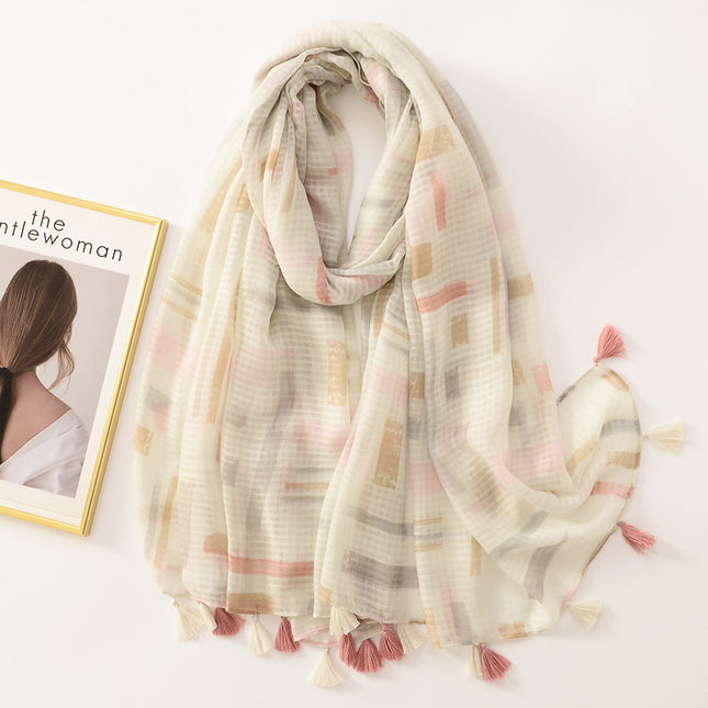 Elegant soft cotton and linen feel silk scarf colorful plaid geometric tassel large scarf travel sunscreen beach towel shawl