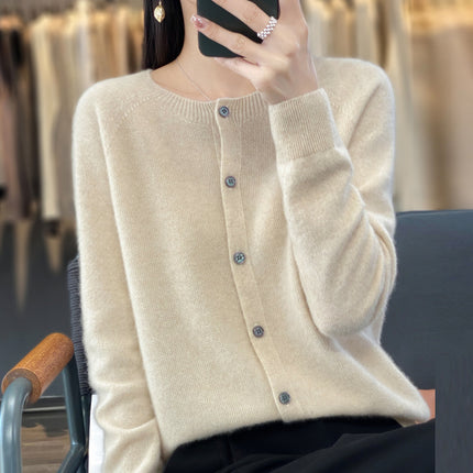 Round neck first-line clothing pure wool sweater cardigan coat women's osmanthus needle knitted bottoming shirt long sleeve solid color top