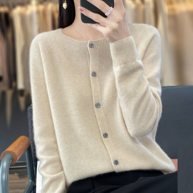 Round neck first-line clothing pure wool sweater cardigan coat women's osmanthus needle knitted bottoming shirt long sleeve solid color top