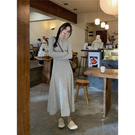 Brushed Ribbed Knit French-Style Simple and Elegant Dress 2026 Korean Version with Waist-Cinching Slimming Effect and Long Base Dress