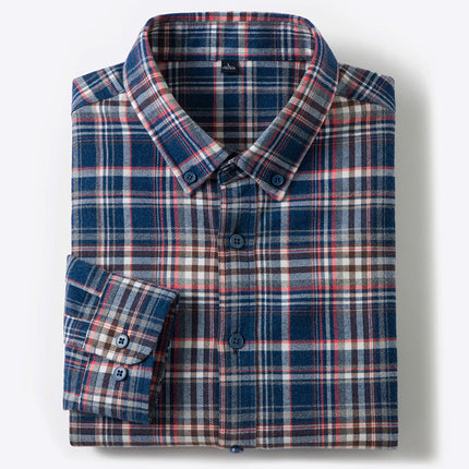 Autumn and Winter New Pure Cotton Brushed Long-Sleeved Shirts for Young and Middle-Aged Plaid Casual Business Men's Shirts Popular on Douyin