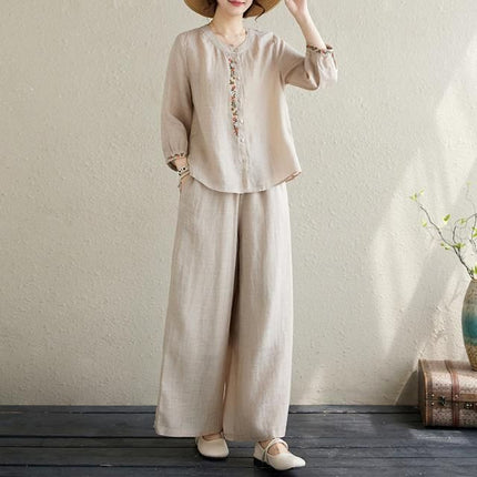 plus size Spring Dress Women's New Chinese Cotton and Linen suit Mother Western Style National Style Embroidered Top Fashion Casual Two-piece Set