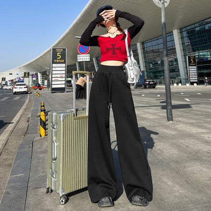 Casual Lazy Style American Retro Loose Wide-Leg Pants with Drape Drawstring Straight-Leg Casual Pants for Women in 3 Colors & Extended Length