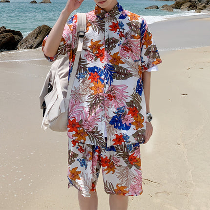 Cross-border 2023 Summer Beach Youth Color Printed Shirt Set Men's Multi-color Loose Shorts Shirt Set