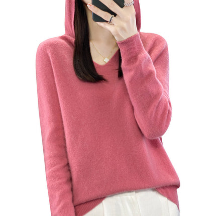 First-Line Garments 100 Pure Wool 2025 Spring New Women's V-Neck Hooded Sweater Pullover Short Needle Sweater