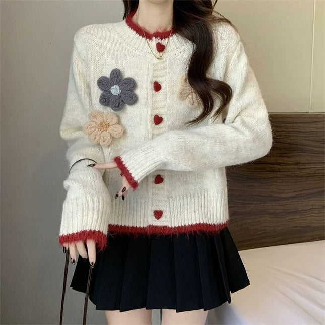 French-Style Floral Round-Neck Sweater Cardigan for Women, Autumn and Winter New Lazy Style Petite Short Knitted Cardigan Trendy
