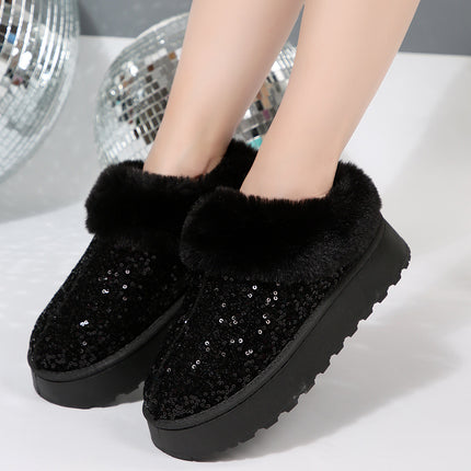2025 New Large-Size Women's Thick-Soled Plush Snow Boots with Sequin Upper, European and American Style Women's Short Boots