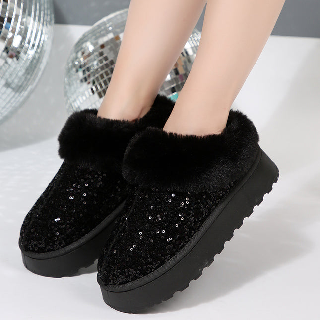 2025 New Large-Size Women's Thick-Soled Plush Snow Boots with Sequin Upper, European and American Style Women's Short Boots