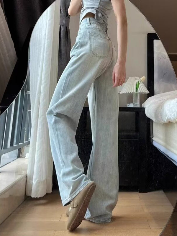 Light Color Jeans Women's Autumn Thin plus size chubby girl High Waist Slimming Loose Straight Leg Pants Texture Light Luxury Pants