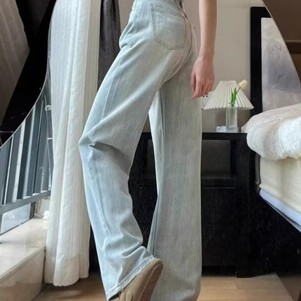 Light Color Jeans Women's Autumn Thin plus size chubby girl High Waist Slimming Loose Straight Leg Pants Texture Light Luxury Pants