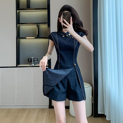 2026 New Chinese-Style Women's Fashion Washed Denim Shorts Set for Petite Women, Retro Button Two-Piece Set
