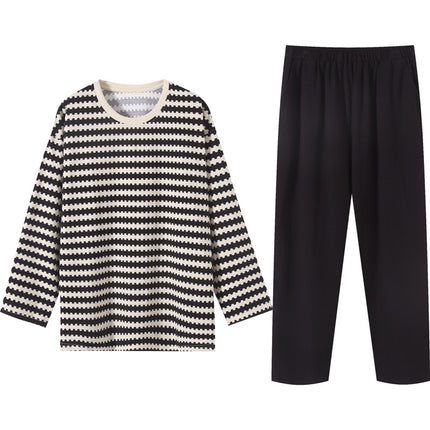 Women's Pajamas, Pure Cotton, Spring and Autumn Long-Sleeved Set, Large Size, High-End Striped Design, Can Be Worn Outside, with Chest Pads, Home Wear