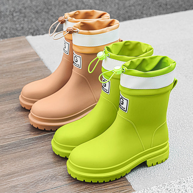 Cross-Border Women's Mid-Calf Rain Boots, Thickened Drawstring Rain Shoes, Wear-Resistant, Non-Slip, Waterproof, Comfortable Water Shoes, Outdoor Rubber Shoes for Women