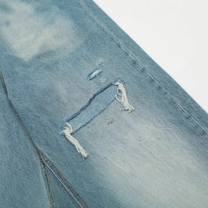11Kn American Blue Straight-Leg Jeans for Men and Women with Knife Cut and Damaged Retro Slimming Look Trendy Wide-Leg Casual Pants Version