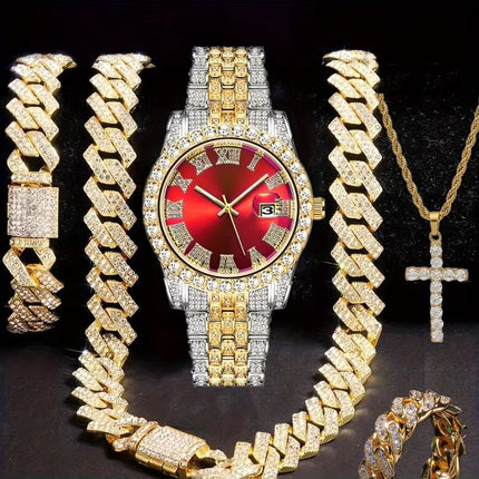 Hiphop Hip Hop Diamond Watch Five-Piece Diamond Cuban Chain Cross Necklace Cuban Ring Cross Border Wholesale