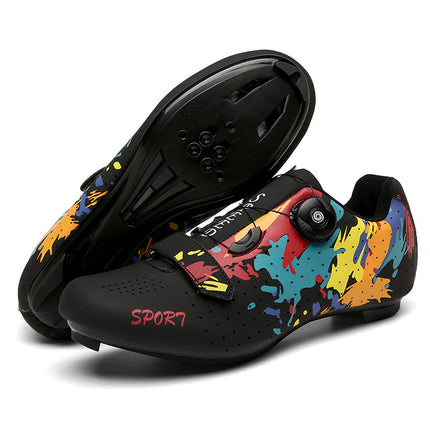 Mountain Bike Lockless Cycling Shoes Men's and Women's Graffiti Road Bike Lock Shoes Hard Sole Dynamic Bicycle Shoes Bicycle Professional Shoes