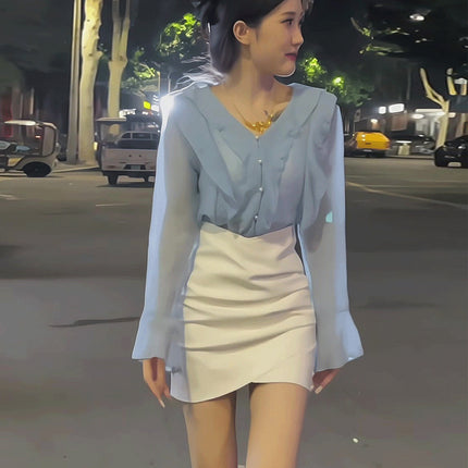 French Style V Neck Ruffled Simple Long-Sleeved Shirt for Women, Spring & Fall Style, High-End, Sweet and Slightly See-Through Chiffon Top