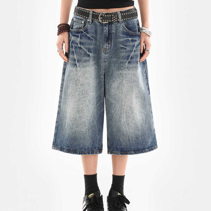 American-Style Ice Blue Lightning Crackle Denim Shorts for Women, New Summer Loose Trendy Brand Straight Cropped Casual Pants