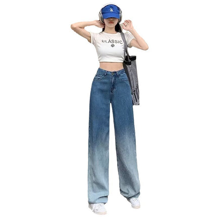 Tencel Wide Leg Jeans Women's Summer 2024 New High Waist Dape Gradient Fashion Thin Ice Silk Mop Pants